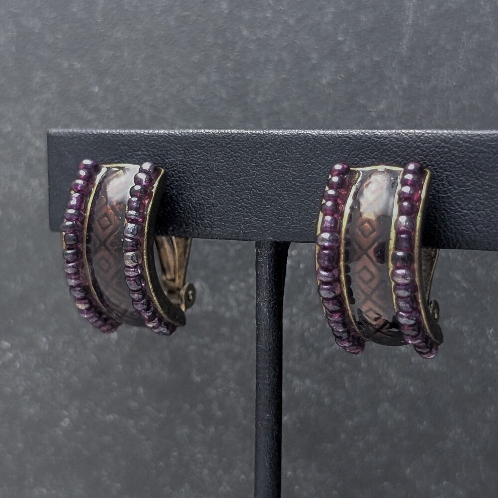 Vintage Clip On Earrings Curved Purple Tones Half Hoop with Seed Bead Detail